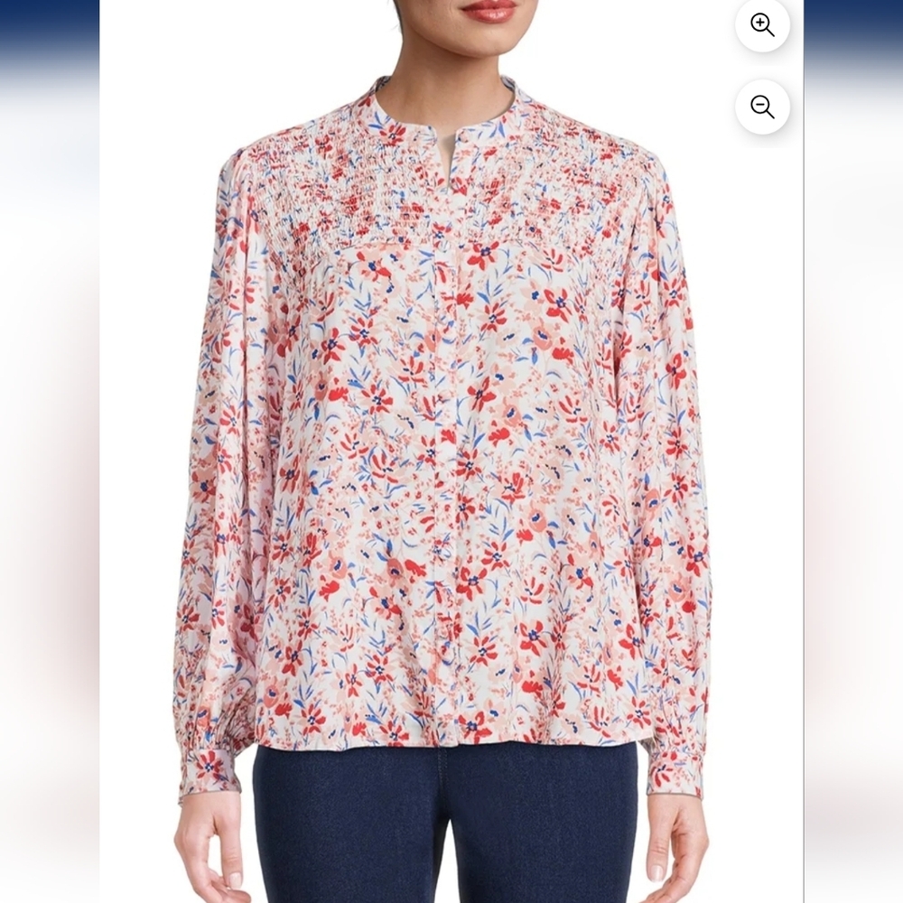 ❤️Floral Button-Front Smocked Women’s Top Red Multi Color